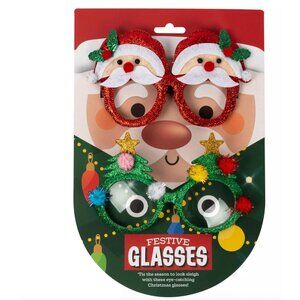 2 Pairs Festive Christmas Eye Glasses Santa & Tree NWT